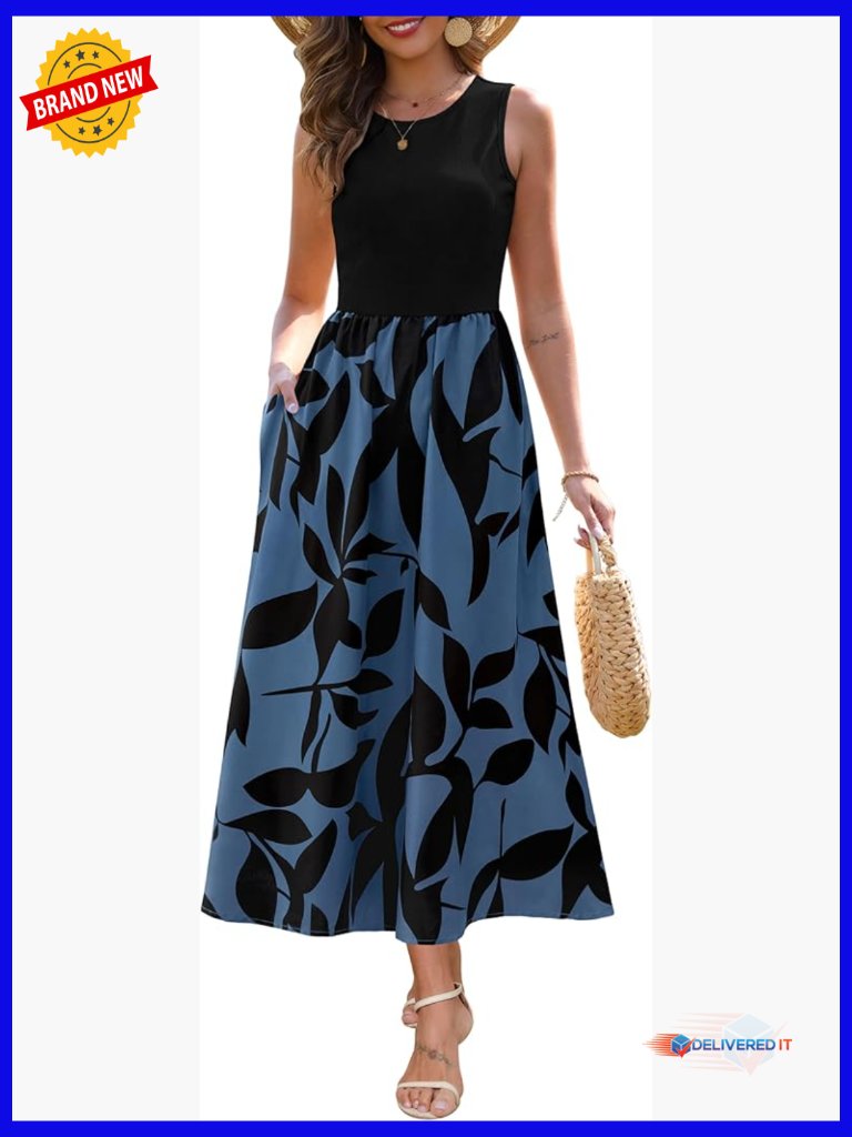 Sleeveless Patchwork Knit Crew Neck Tank Top Maxi Dress With Pockets